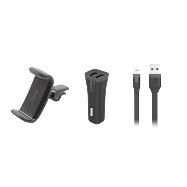 Pack Muvit Soporte coche salida aire+cargador coche+Cable USB-Apple MFI 1m.