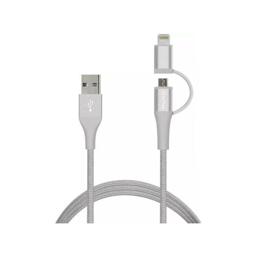 Cable Puro de Carga y sincronización 2 en 1 Micro USB +Apple MFI plata.
