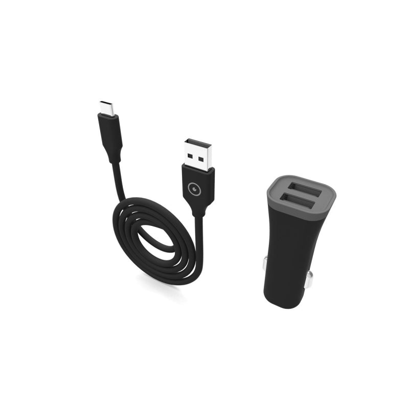Pack Muvit Cargador coche 2 USB 2.4A negro + Cable USB-Tipo C 1m negro.