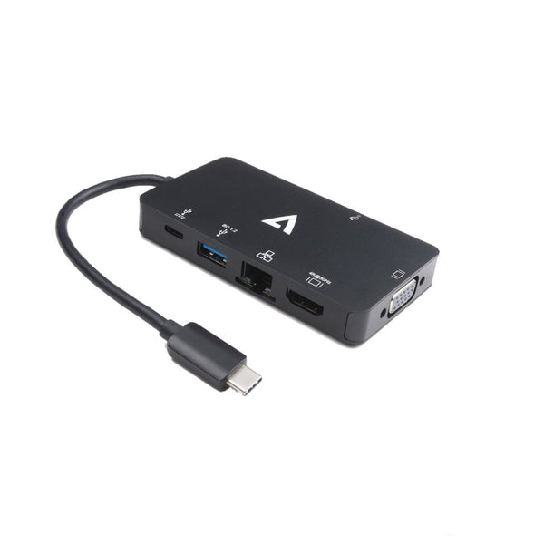 Adaptador V7 de vídeo USB-C macho a 2 USB 3.0/RJ45/HDMI/VGA/USB negro