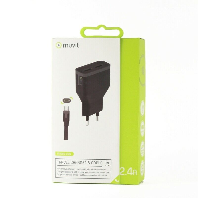 Pack Muvit transformador 2 USB + cable Micro USB 2.4A 1m negro.