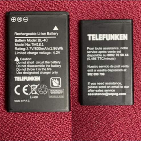 Batería Telefunken BL-4C para TM18.1 3.7V 800mAh 2.9Wh, COMPATIBLE NOKIA BL-4C