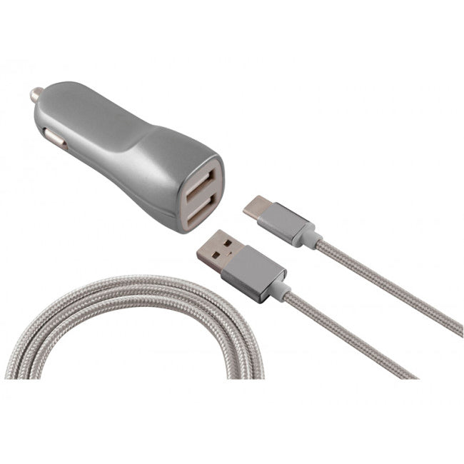 Cargador de Coche Dual 2.1A + Cable USB-Micro USB Metalizado Plata.