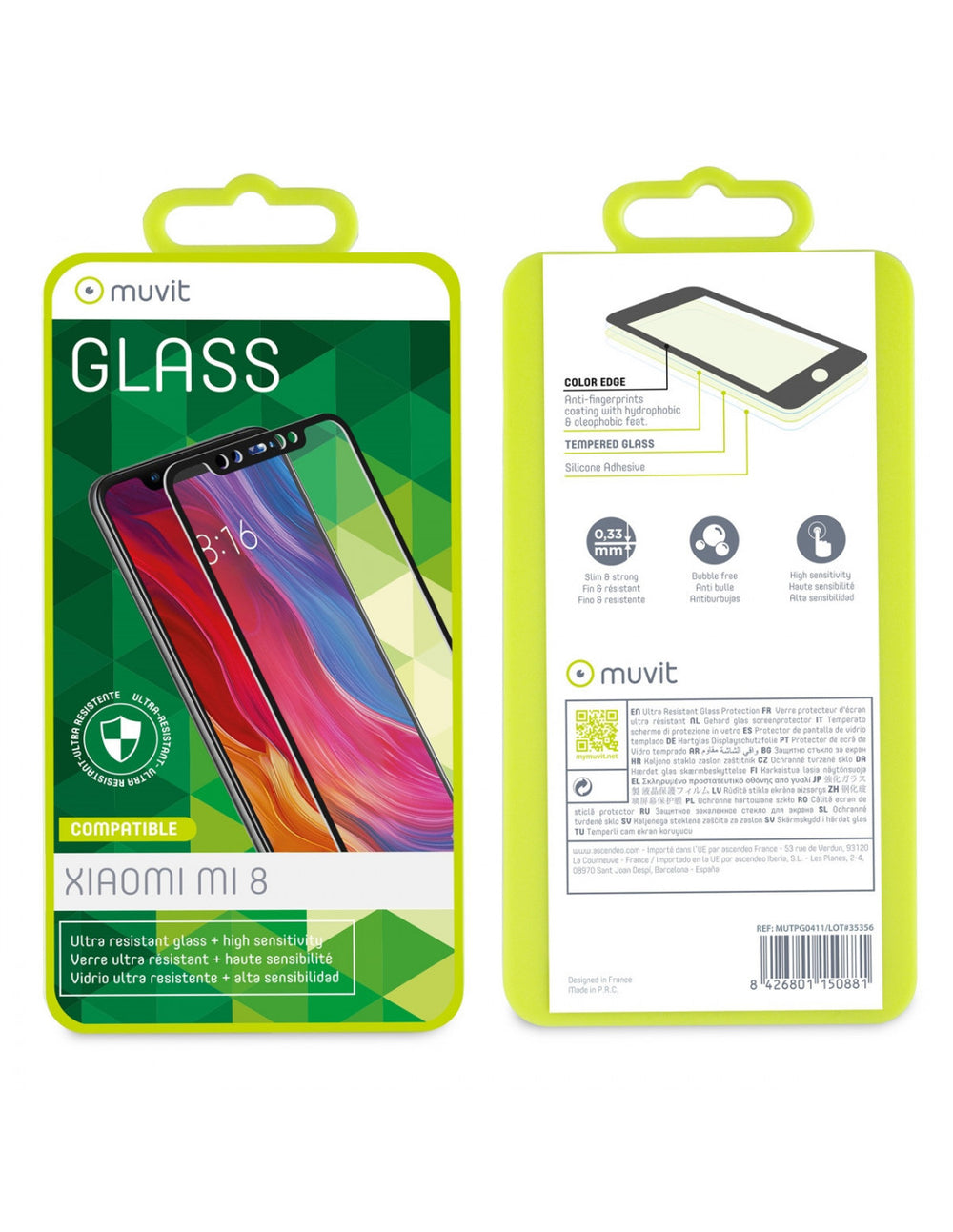 Protector de pantalla Muvit para Xiaomi MI 8 vidrio templado plano marco negro.