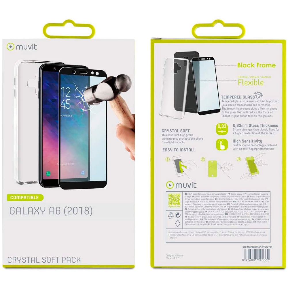 Pack Muvit Samsung Galaxy A6 2018 Cristal Soft transparente+protector pantalla.