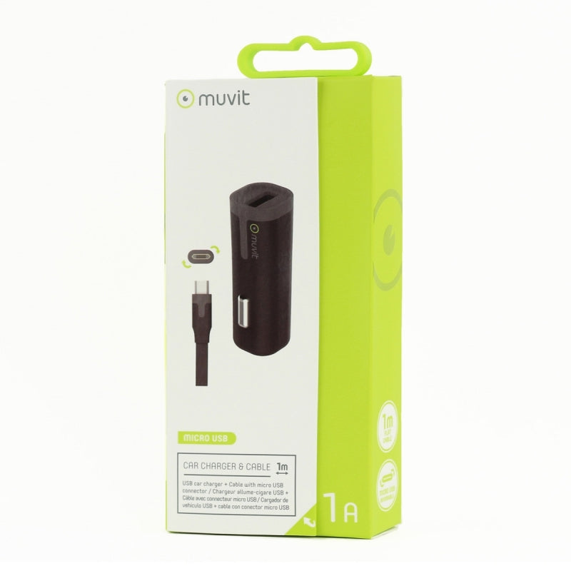 Pack Muvit Cargador coche USB 1A negro + Cable USB-Micro USB 1m negro.