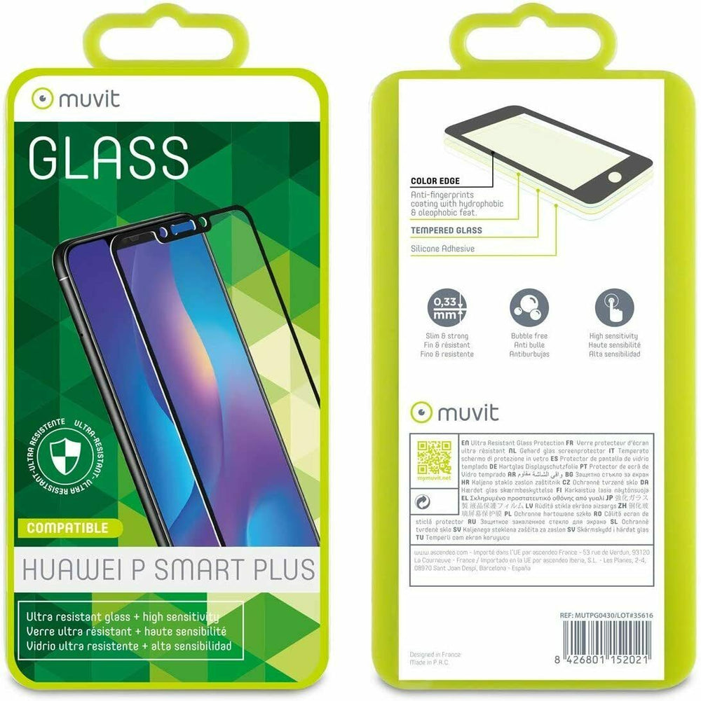Protector de pantalla Muvit Huawei P Smart+ vidrio templado plano marco negro