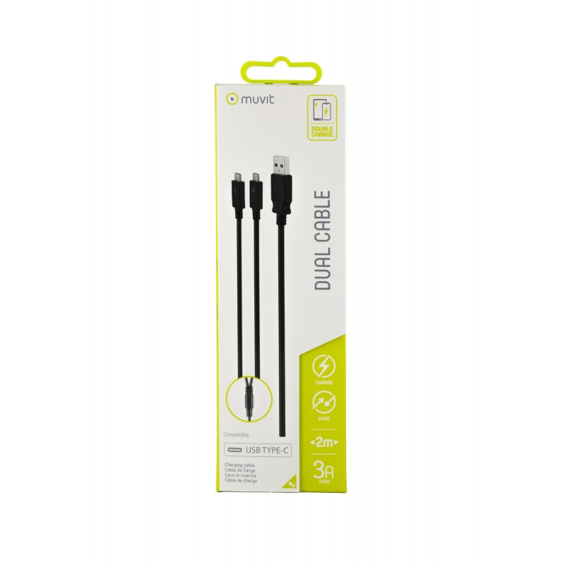 Cable Muvit USB-Doble Tipo C 3A 2m (1 carga + 1 carga/datos) negro