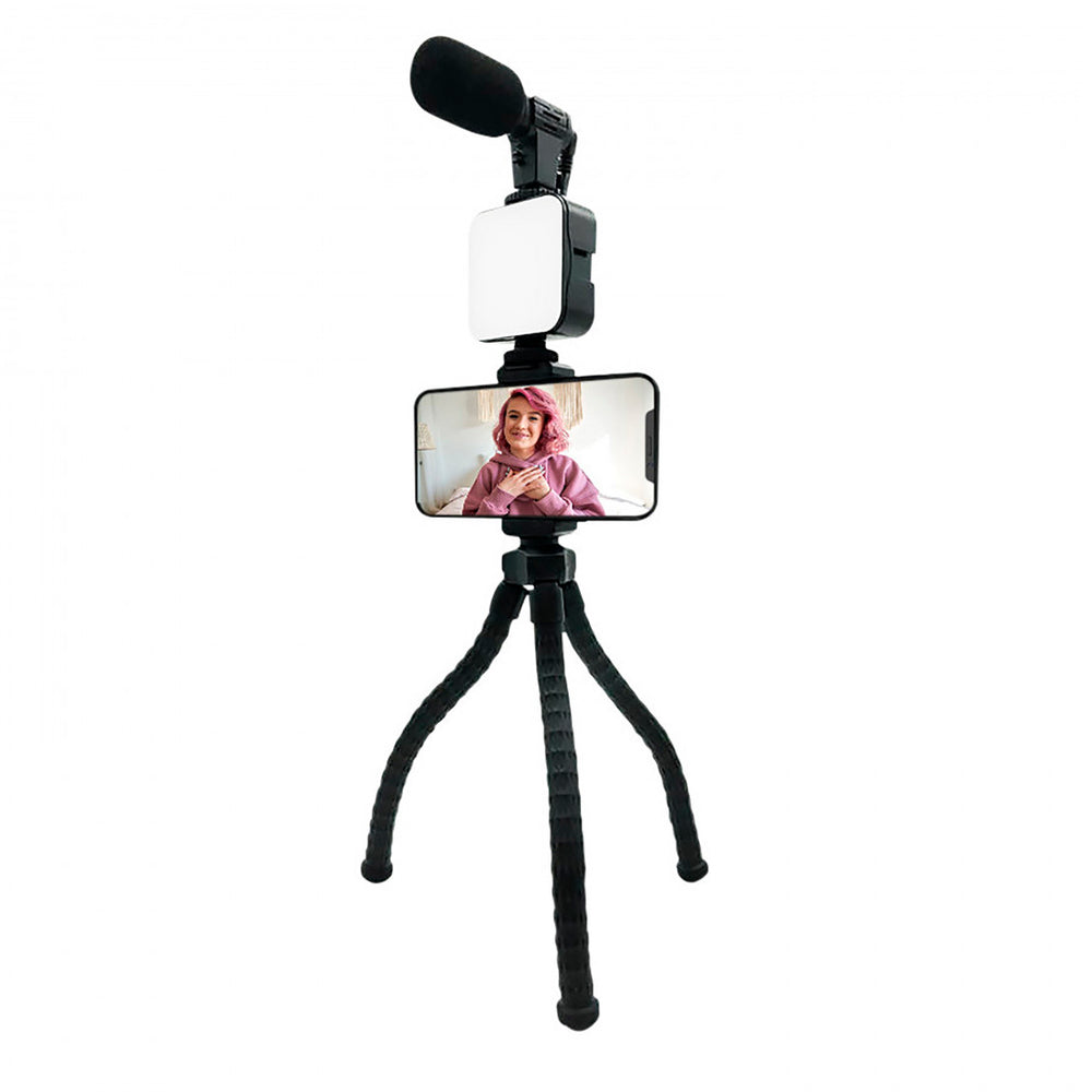 Muvit Vlogging Kit 4 en 1 Trípode Flexible + Luz LED + Micrófono + Soporte móvil