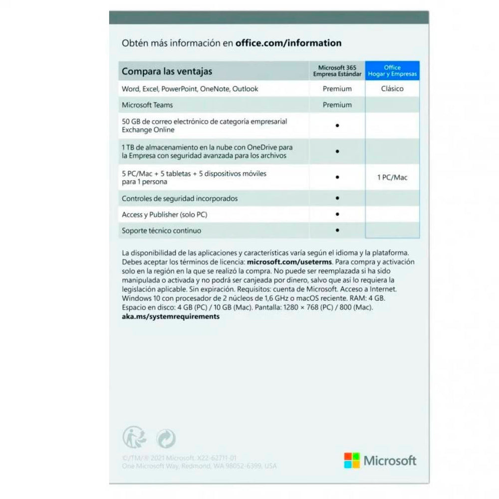 Microsoft Office Hogar y Empresa 32/64 Bits PC/MAC 2021 **Embalaje dañado**