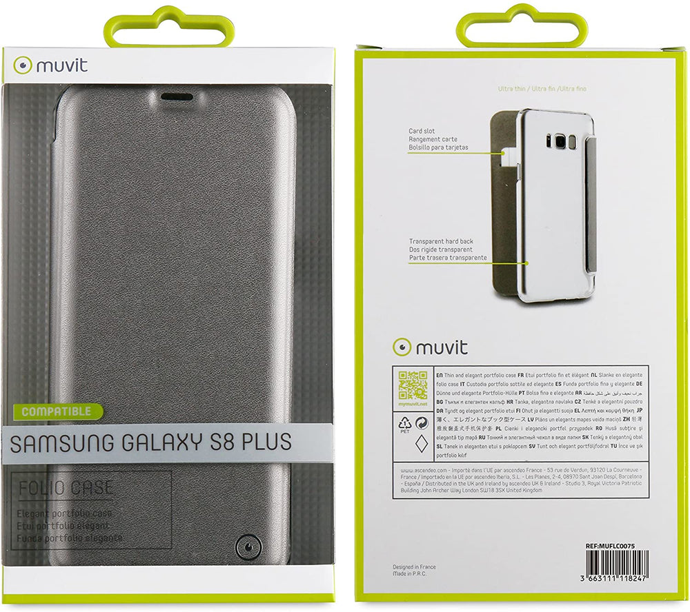 Funda Muvit Folio para Samsung Galaxy S8 Plus parte trasera transparente plata.