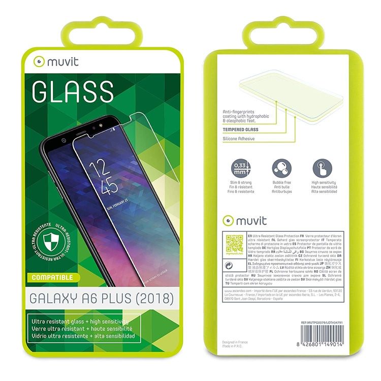 Protector de cristal templado Muvit Glass para Samsung Galaxy A6 plus 2018.