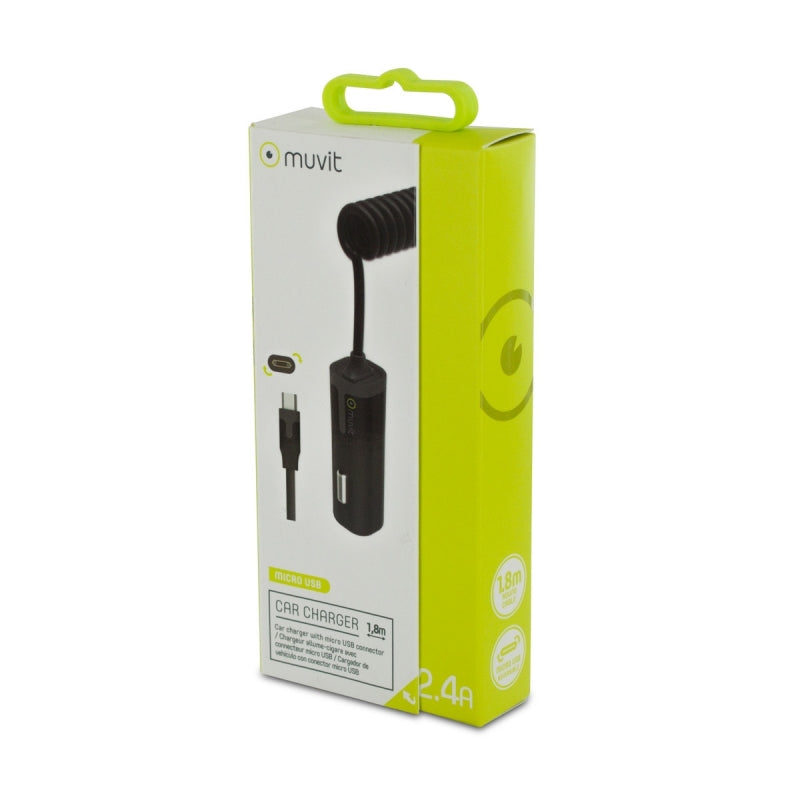 Muvit Cargador coche Micro USB 2.4A cable rizado 1,8m negro.