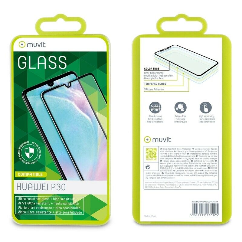 Protector de pantalla Muvit para Huawei P30 vidrio templado plano marco negro.