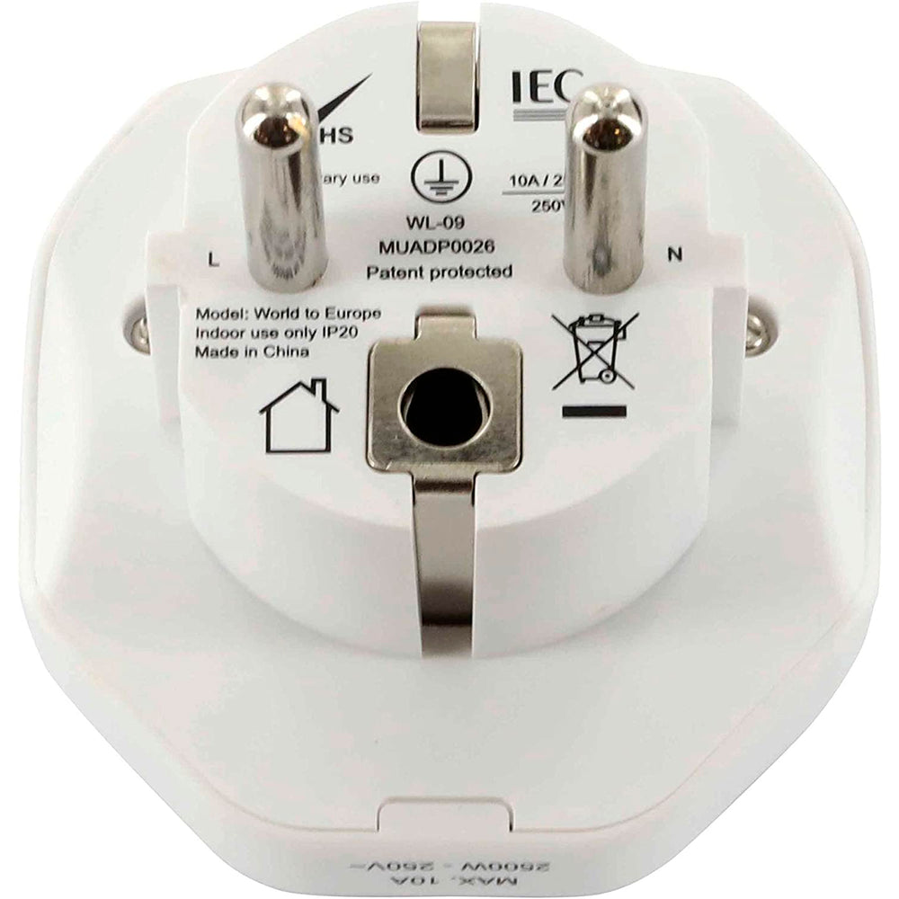Adaptador viaje universal Muvit (EU,UK,US,AU) Max. 10A / 2500W Blanco (NUEVO)