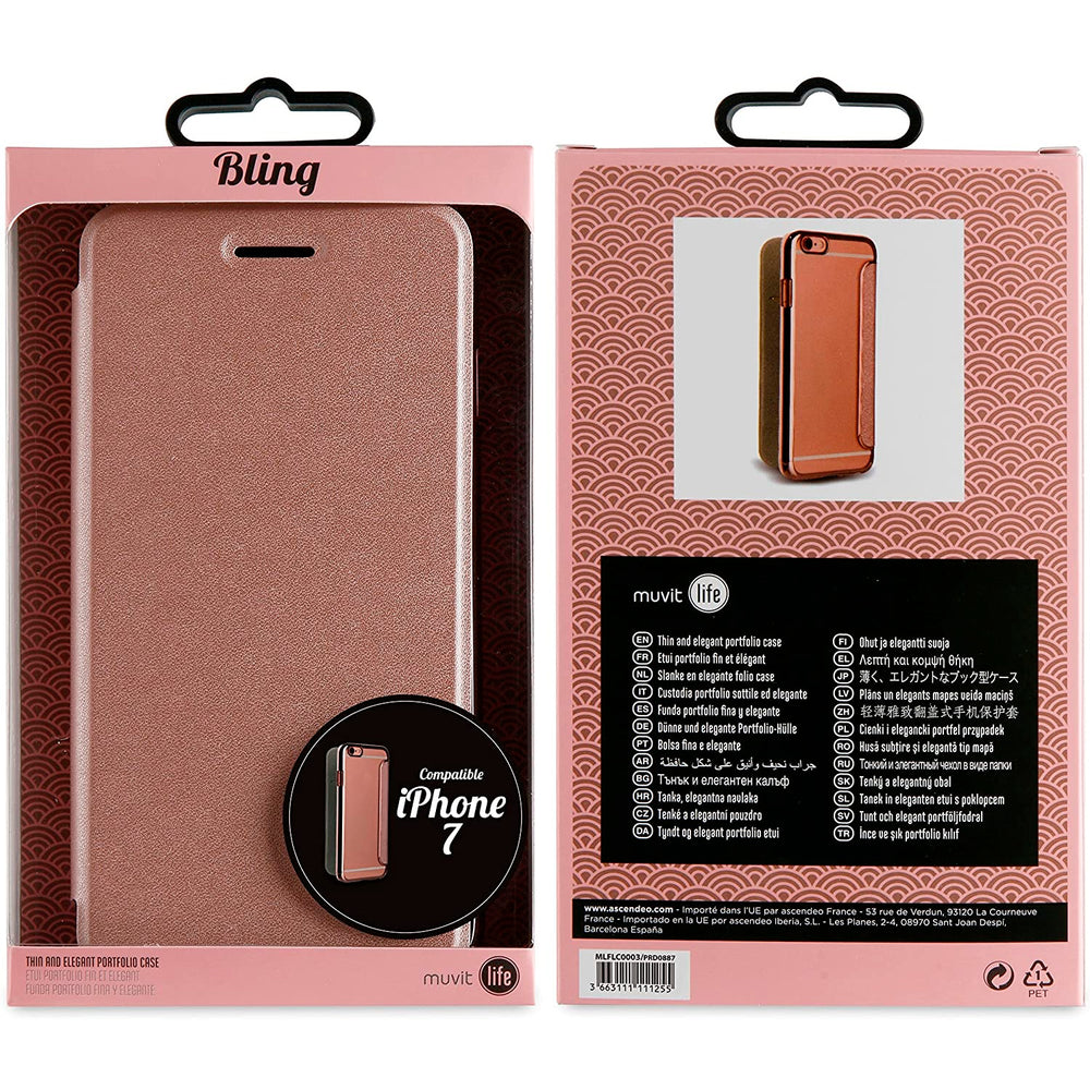 100 Fundas Muvit Life Bling Folio Rosa con Marco Rosa Oro para Apple iPhone 7/8