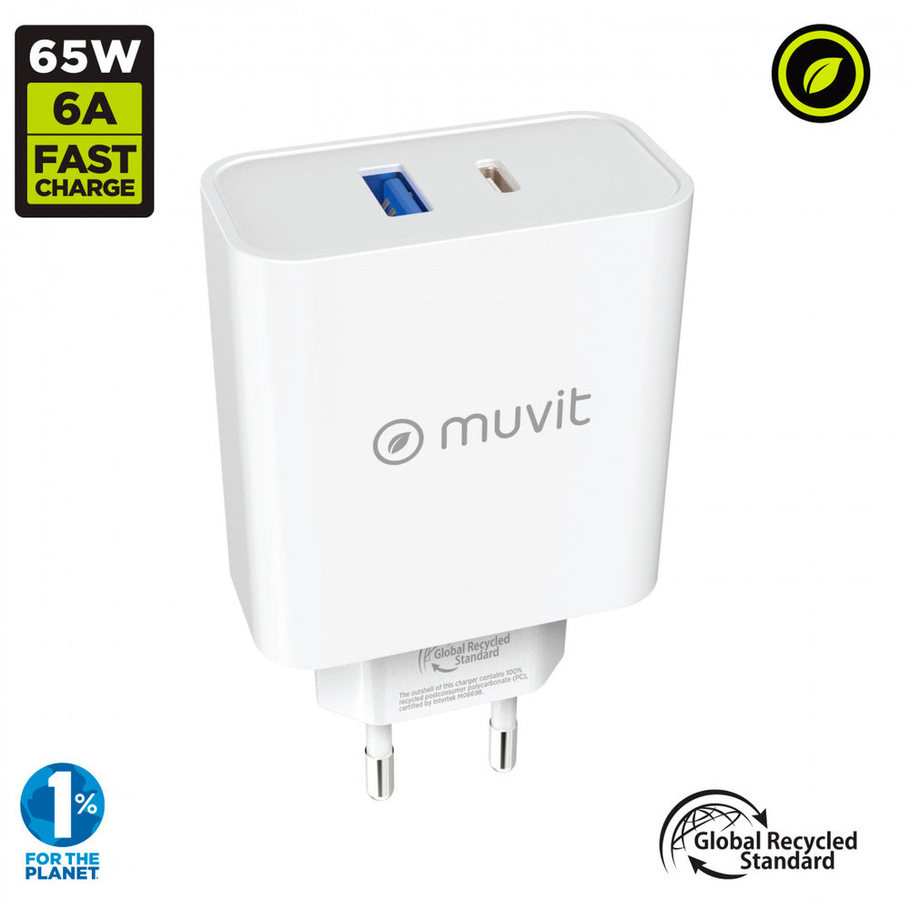 Cargador de Pared Muvit for Change 1 USB QC 3.0 18W+1 Tipo C PD 65W (NUEVO)