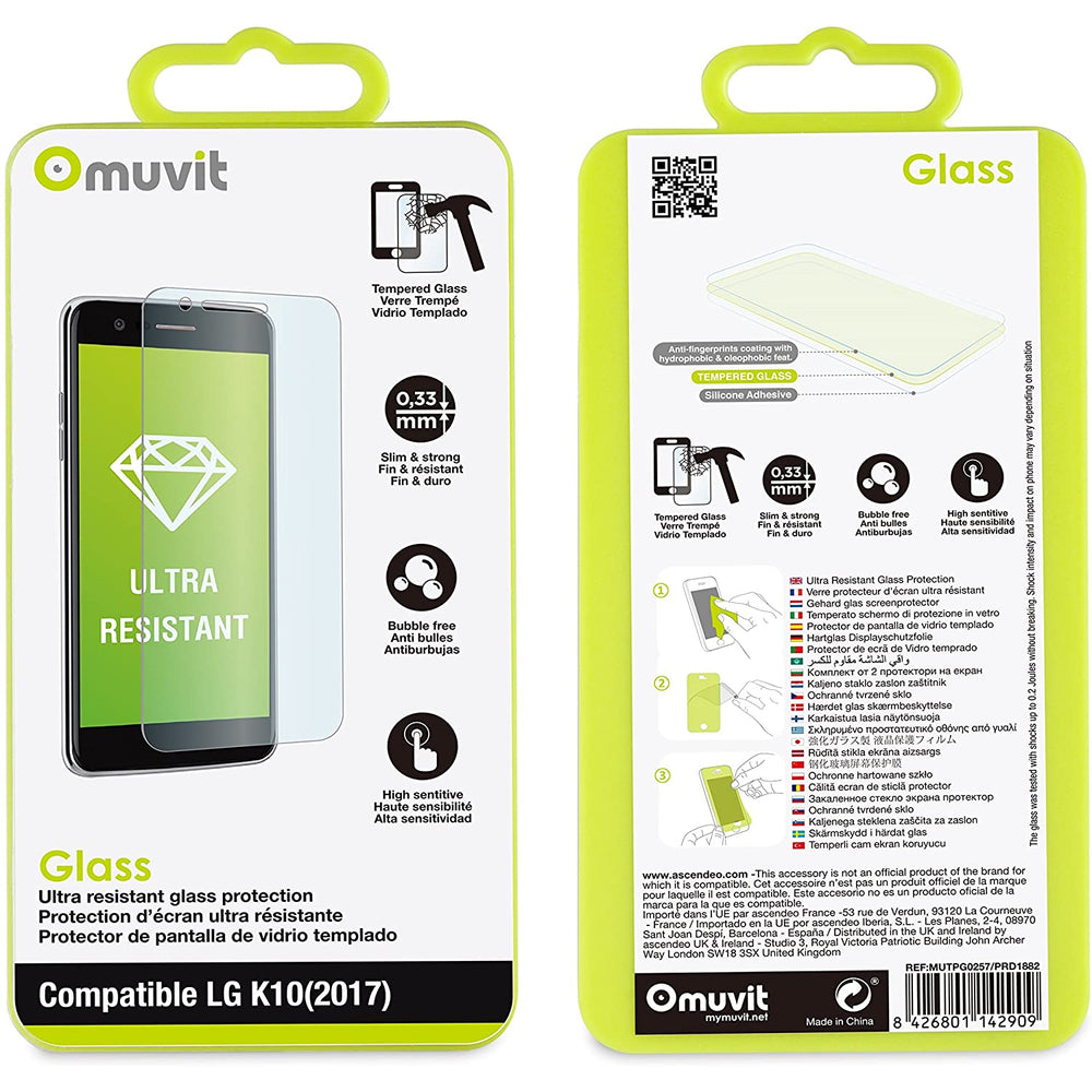 Protector de pantalla Muvit para LG K10 2017 vidrio templado plano.