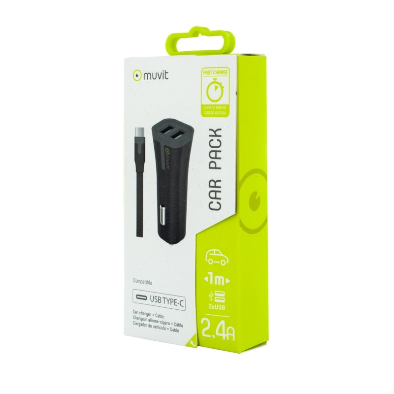 Pack Muvit Cargador coche 2 USB 2.4A negro + Cable USB-Tipo C 1m negro.