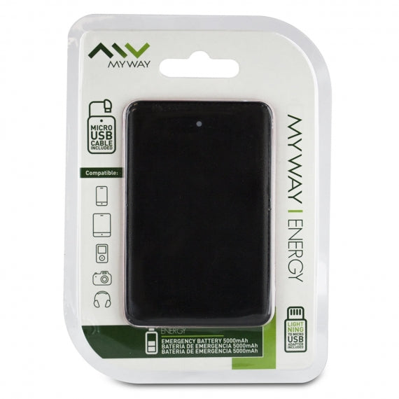 Power Bank Myway 5000mAh Cable Micro-USB, Adaptador iluminador Negro (NUEVO)