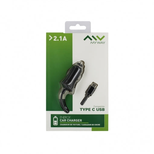 Cargador de coche Myway Tipo C 2.1A cable rizado 1,5m negro
