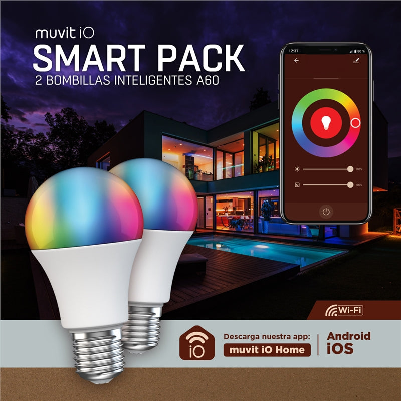 Pack 2 Bombillas Muvit iO A60 E27 800lm 9W RGB+CCT D60* H118 (NUEVO)