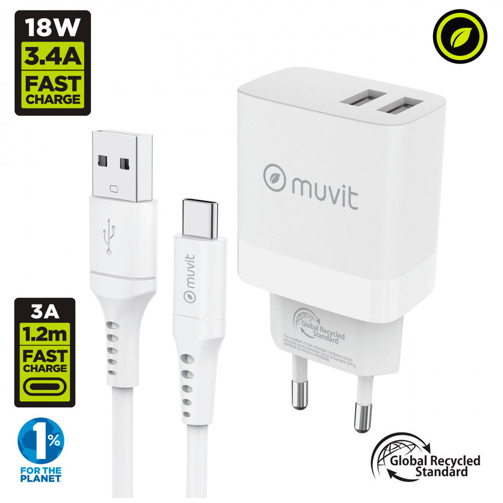 Pack Muvit for change cargador de pared 2 USB 3,4A/18W+Cable Tipo C 3A/60W 1,2m