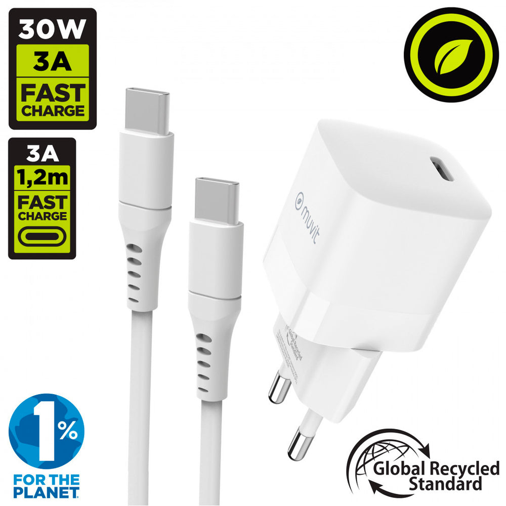 Pack Muvit for change cargador de pared Tipo C PD 30W+cable tipo C/C 3A 1,2m
