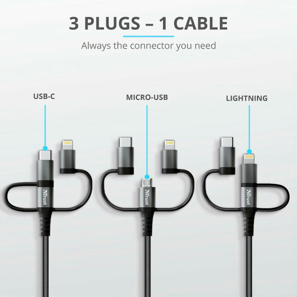 Cable Trust Keyla 3 en 1 USB-C, Lightning y Micro-USB a USB Negro 1 m