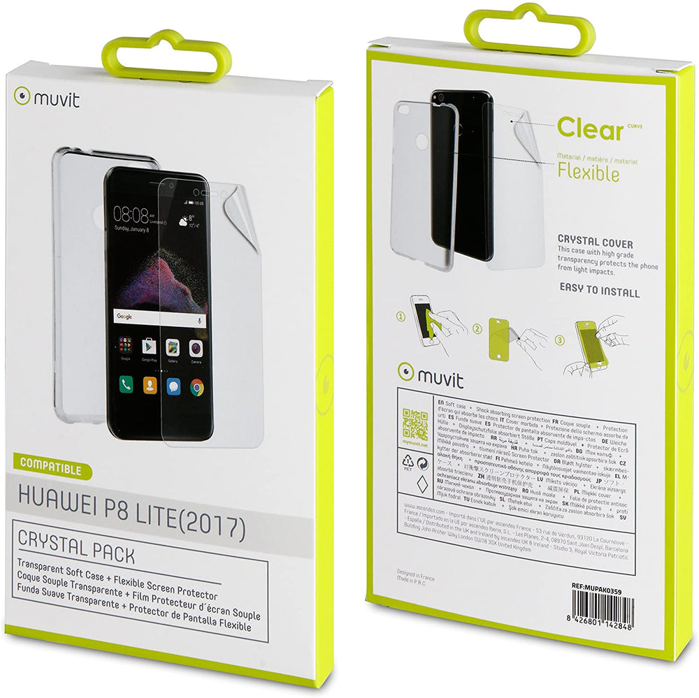 Pack Muvit Cristal Huawei P8 Lite 2017 transparente+Protector pantalla flexible