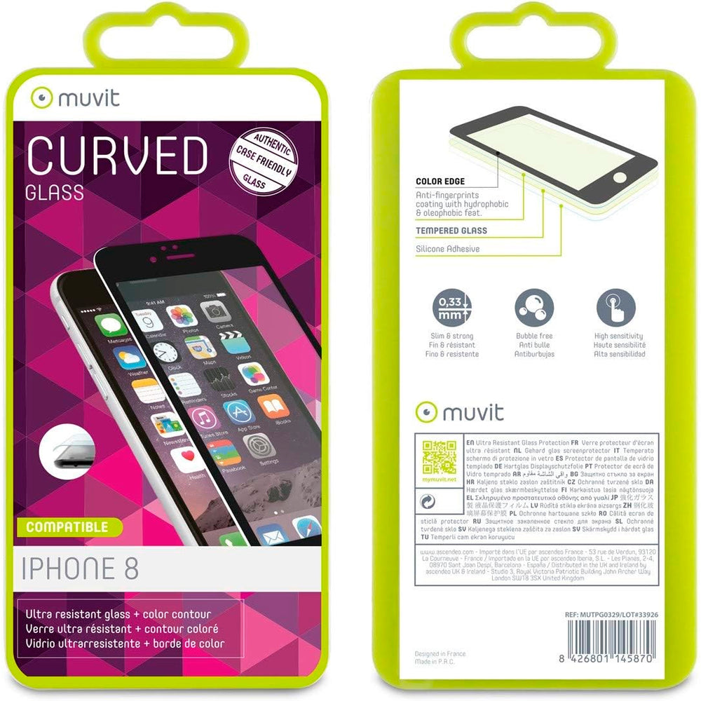 Protector pantalla Muvit Apple iPhone 7/8 vidrio templado curvo case friendly
