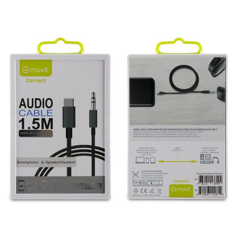 Adaptador Muvit Connect Tipo C 3.0 a Jack 3.5 macho 1,5m negro.