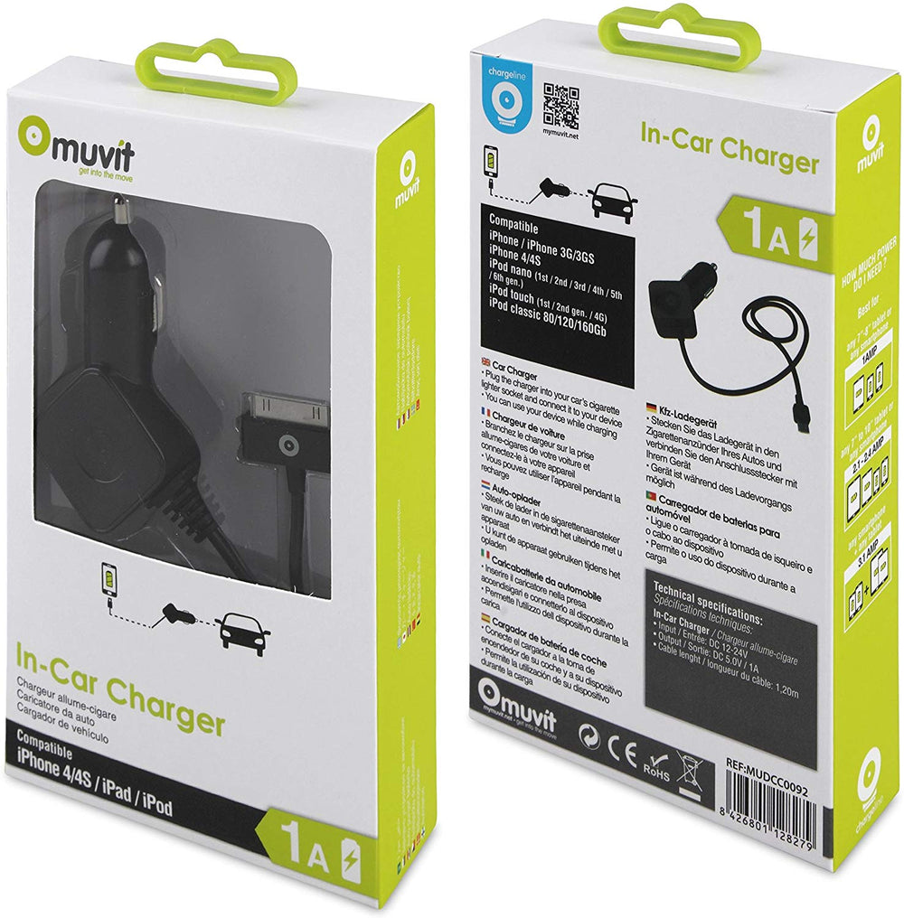 Cargador coche Muvit iO para Apple 30 pines MFI 1A color negro.