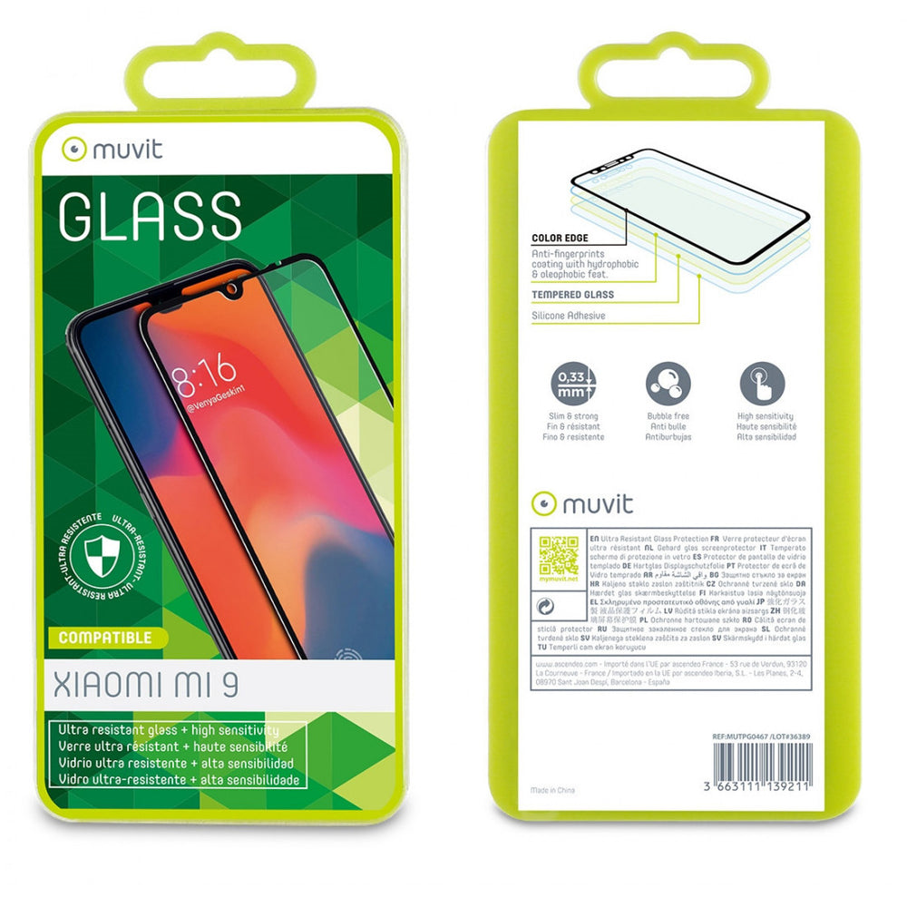 Protector de pantalla Muvit para Xiaomi Mi 9 vidrio templado plano marco negro.