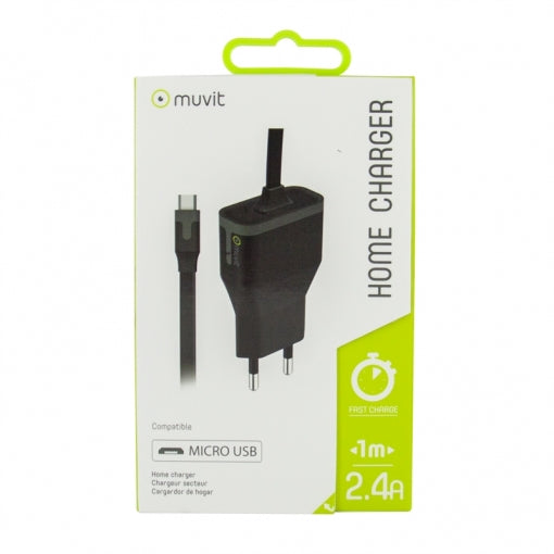 Cargador para movil Micro USB. Transformador Muvit Micro USB 2.4A Cable 1m Negro