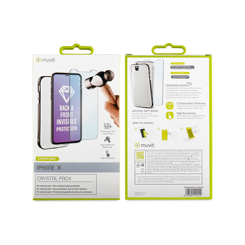 Pack Muvit Apple iPhone X/Xs Funda Cristal bump + protector pantalla vidrio tem.