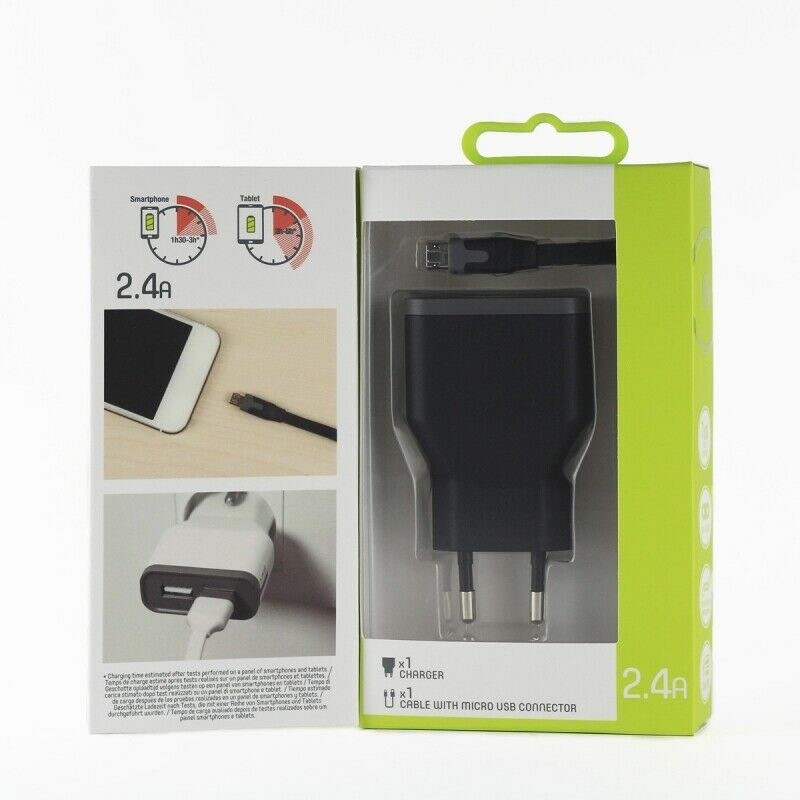 Pack Muvit transformador 2 USB + cable Micro USB 2.4A 1m negro.