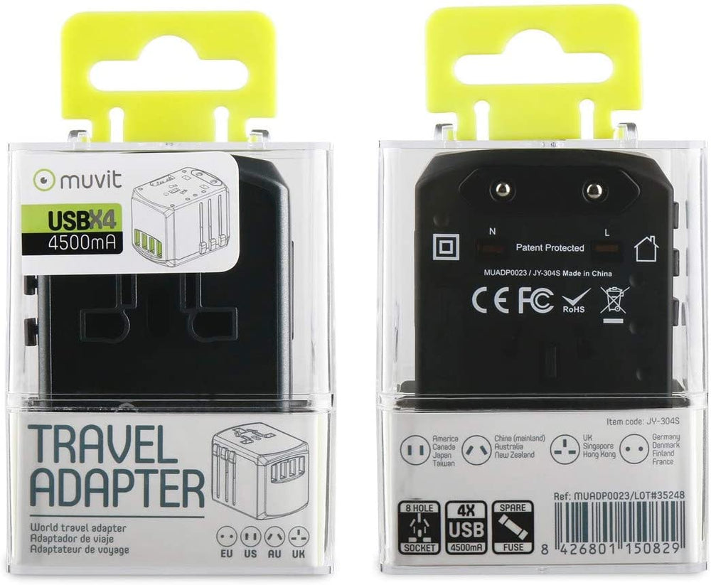 Adaptador viaje universal Muvit iO (EU,UK,US,AU) 4USB 5V 4,5A negro y gris