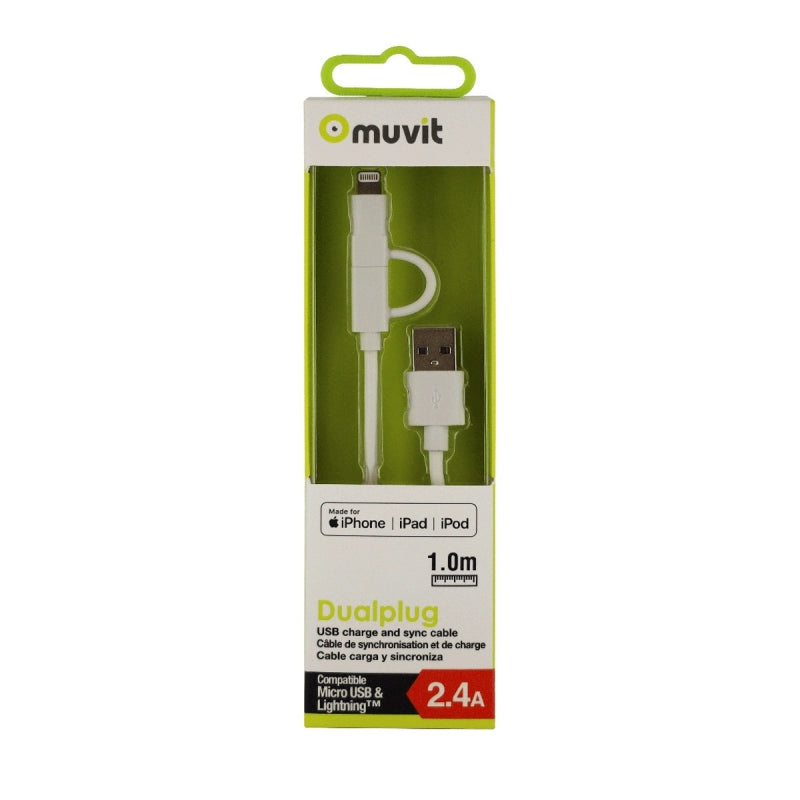 Cable Muvit USB-MicroUSB/Apple MFI 2.4A 1m blanco.