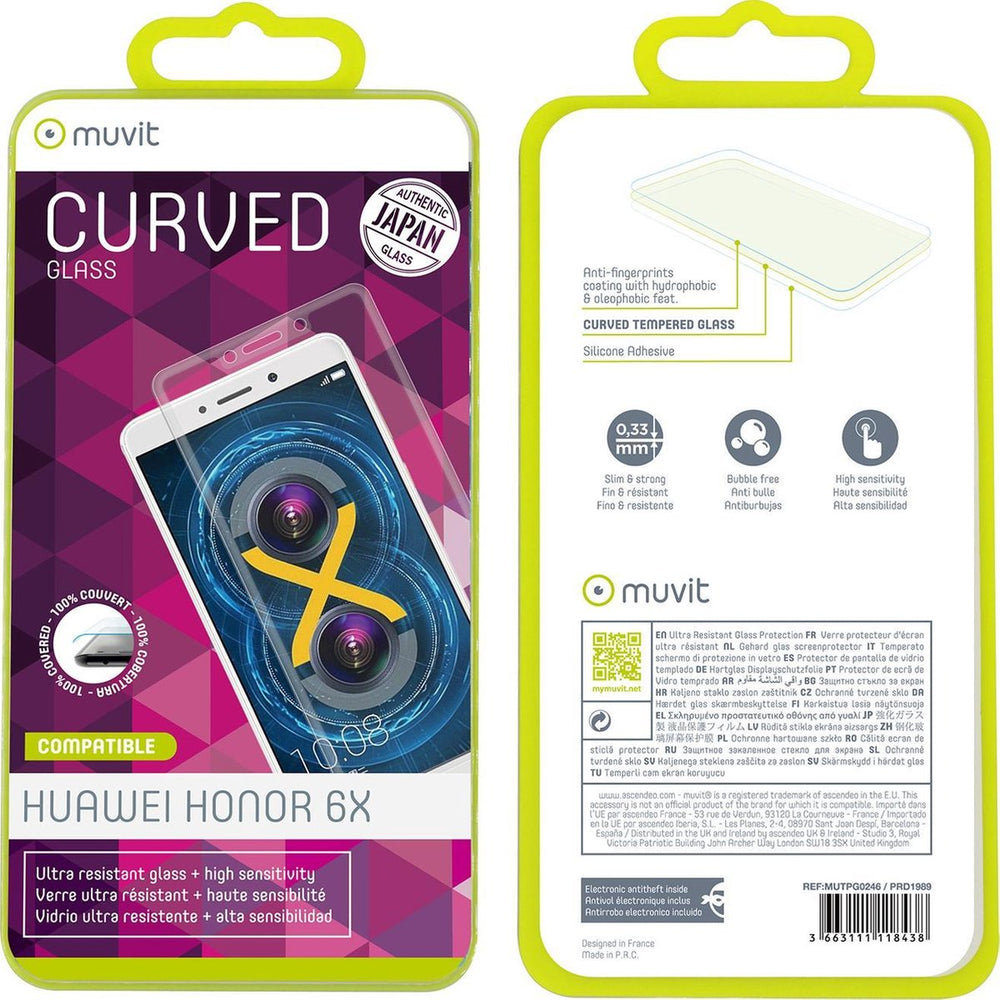 Protector de pantalla Muvit para Huawei Honor 6X vidrio templado curvo 3D.