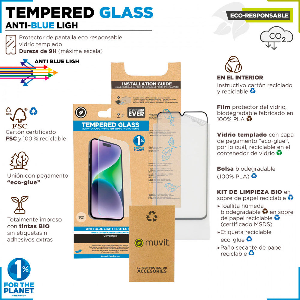 Protector de pantalla Muvit for change anti-blue light para Apple iPhone 15