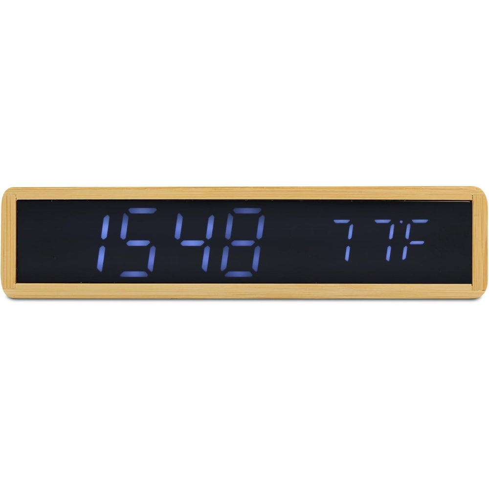 Reloj despertador de bambú con pantalla LED negra y termómetro interior