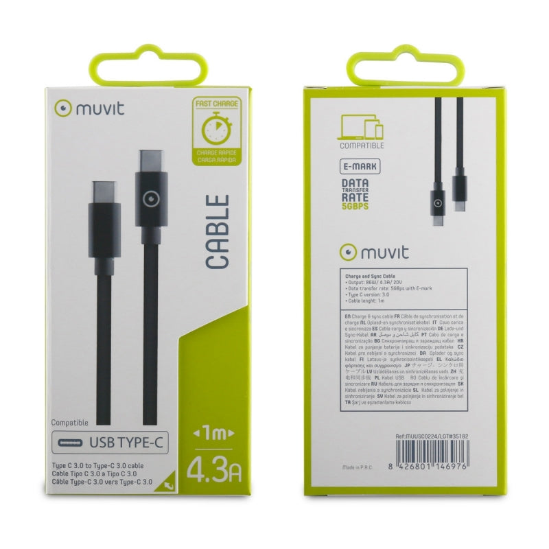 Cable Muvit Tipo C 3.0 a Tipo C 3.0 5GBPS 4.3A E-mark 1m negro
