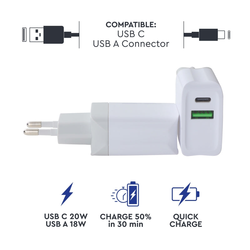 Transformador Myway 1 USB QC 3.0 18W+1 Tipo C PD 20W blanco