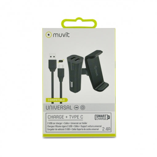Pack soporte Muvit coche salida aire hasta 6,2″+cargador USB 2 puertos+USB-Tip.C