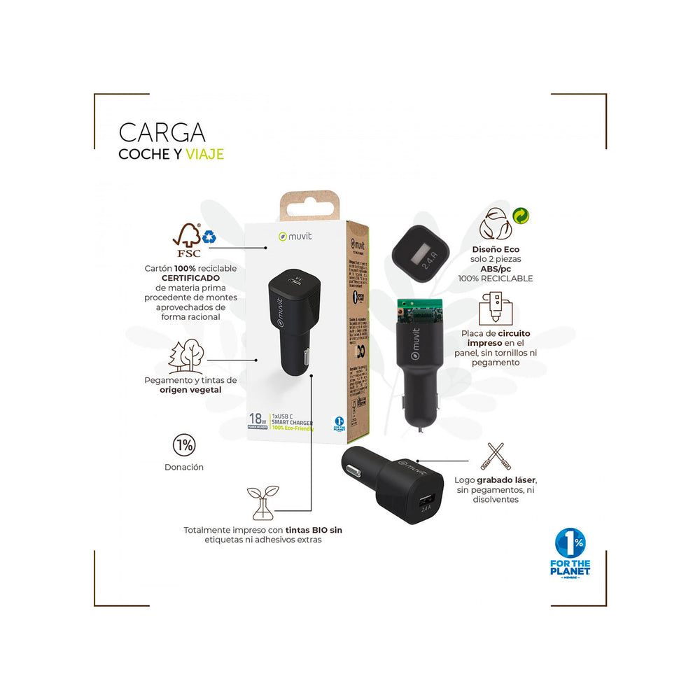 Cargador coche Muvit for Change 2 USB 4,8A 24W negro