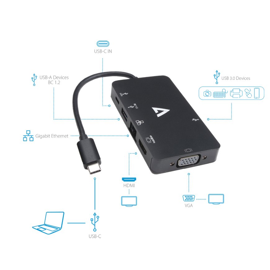 Adaptador V7 de vídeo USB-C macho a 2 USB 3.0/RJ45/HDMI/VGA/USB negro