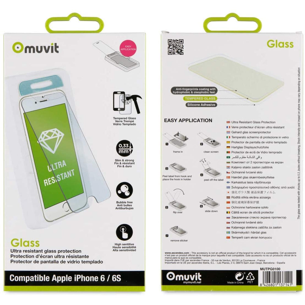Protector de pantalla Muvit con aplicador para Apple iPhone 6/6S vidrio templado