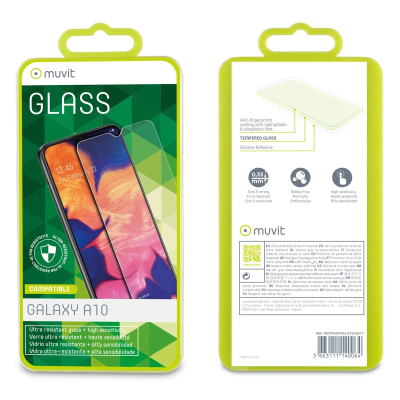 Protector de pantalla Muvit para Samsung Galaxy A10 vidrio templado plano.