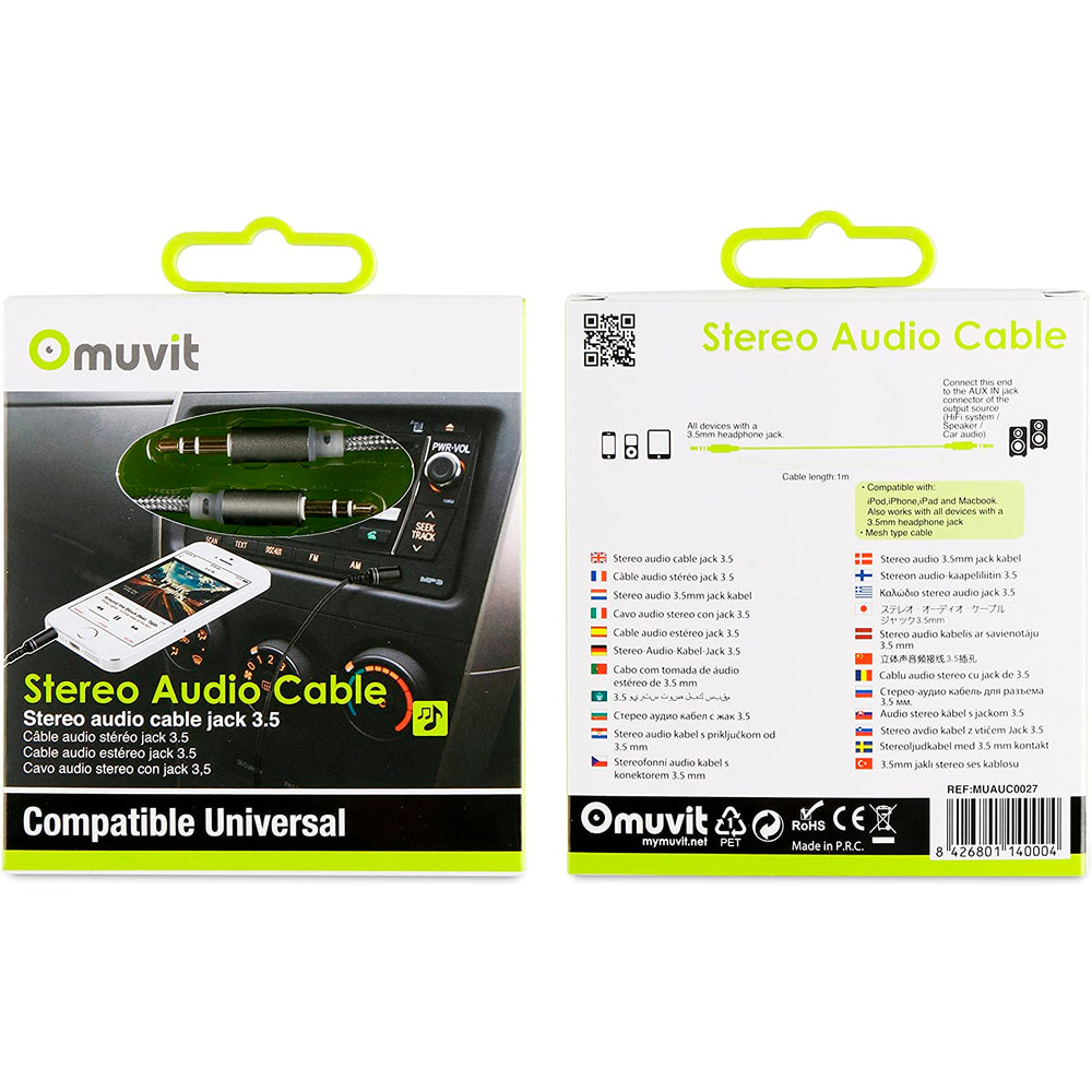 Cable Audio Muvit jack 3.5mm 1m cordón gris.